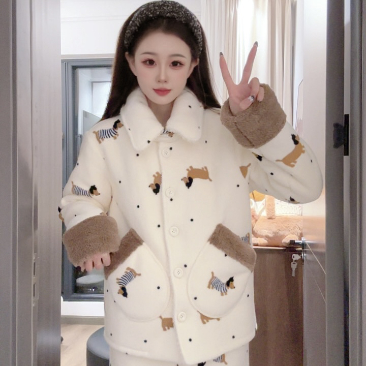 （珍珠腊肠狗）冬季加厚休闲可爱加绒保暖显瘦睡衣女家居服外穿翻领