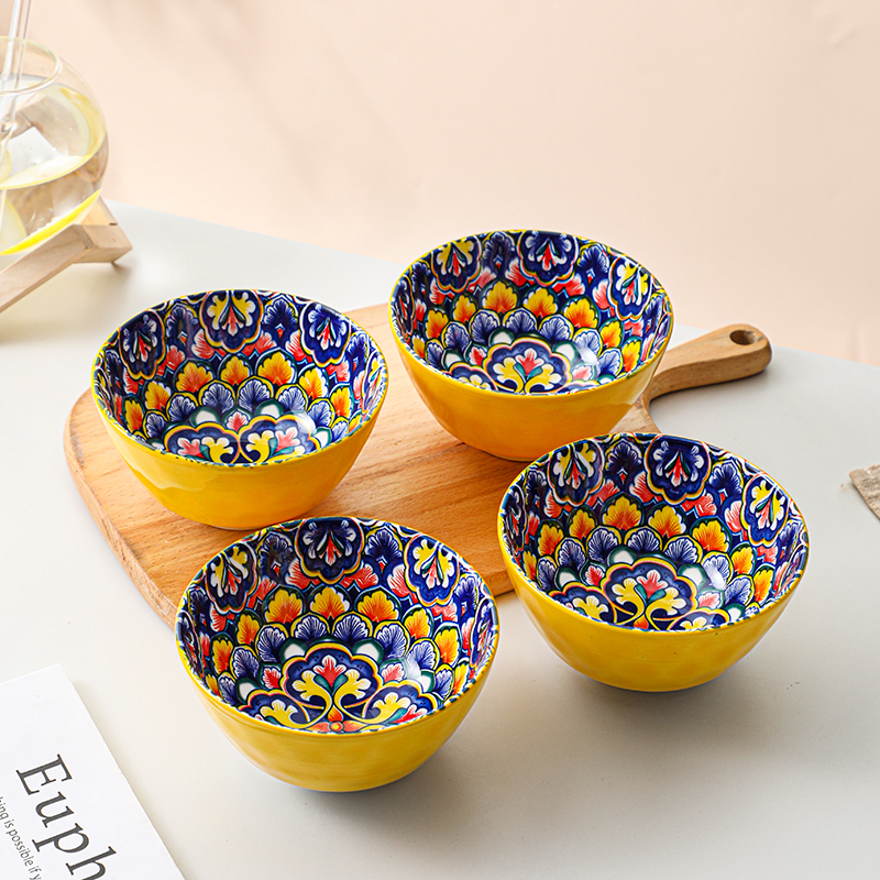 波西米亚风格4.75英寸米饭碗(四个装)釉下彩陶瓷餐具(波23)