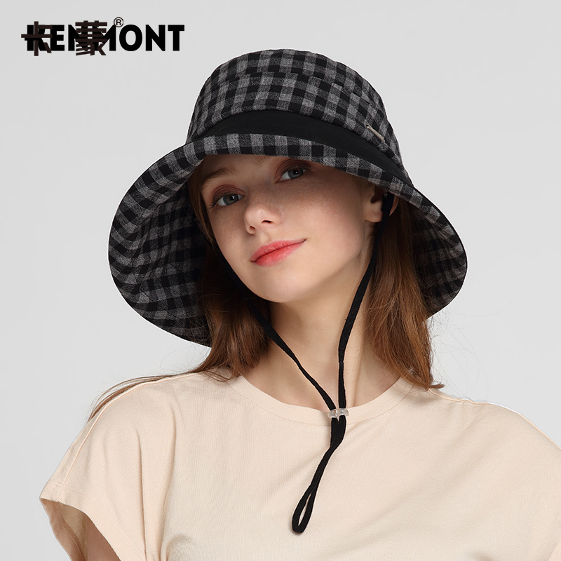 卡蒙 春夏户外棉质盆帽可折叠防晒大檐帽格子渔夫帽 女款