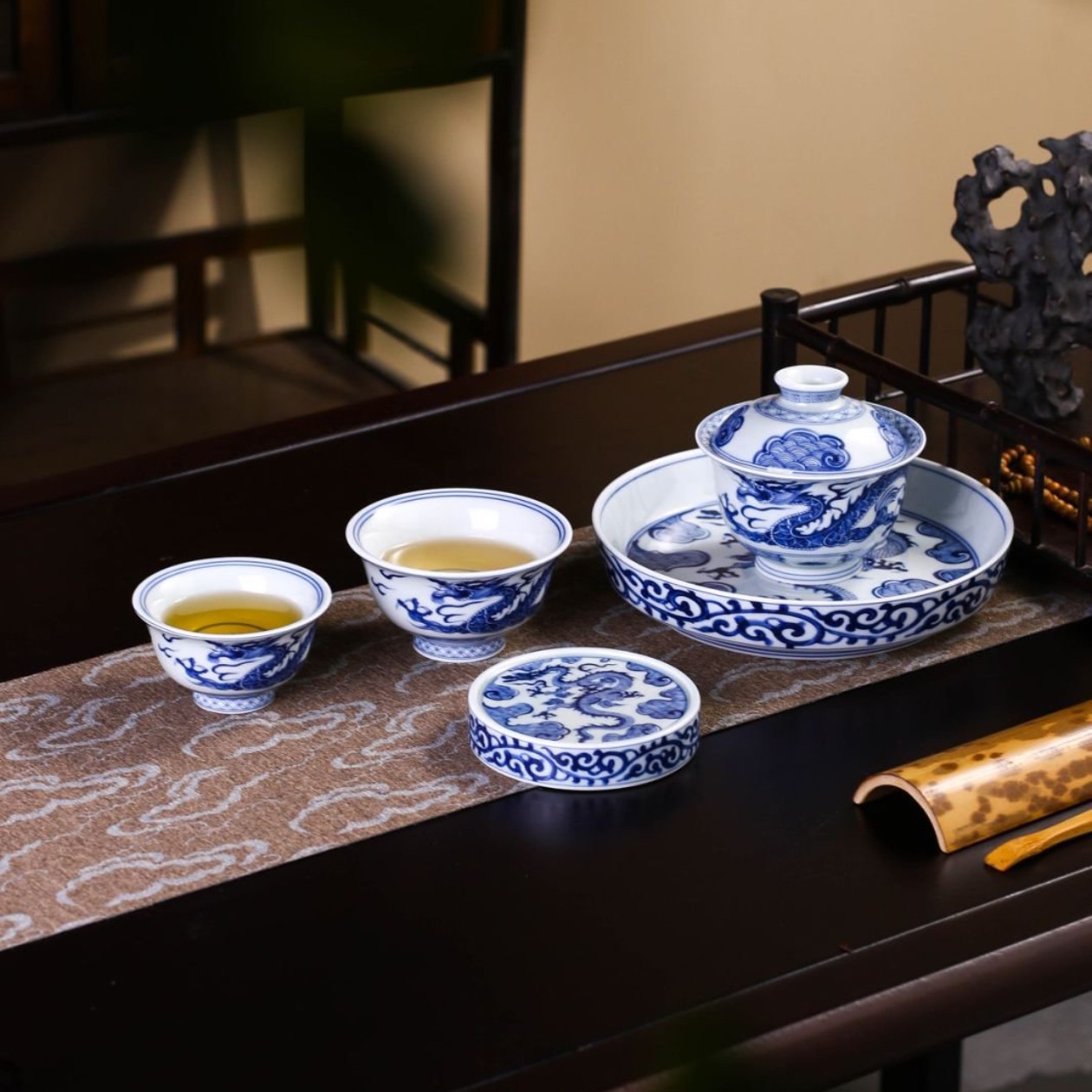 景德镇 青花穿云龙纹高温釉下彩五件套家用高端礼盒装功夫茶具