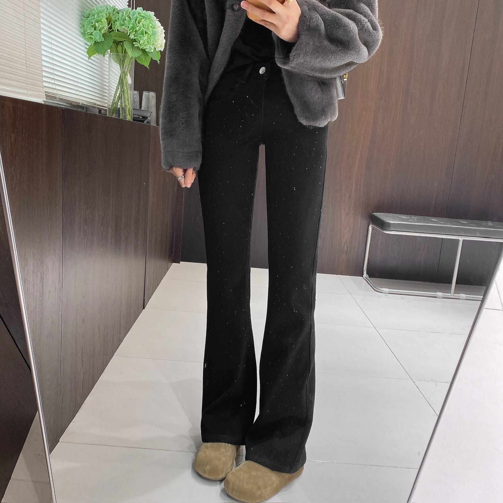 IMFLY金小金自制女装 加绒牛仔裤DYK2921冬季复古微喇牛仔