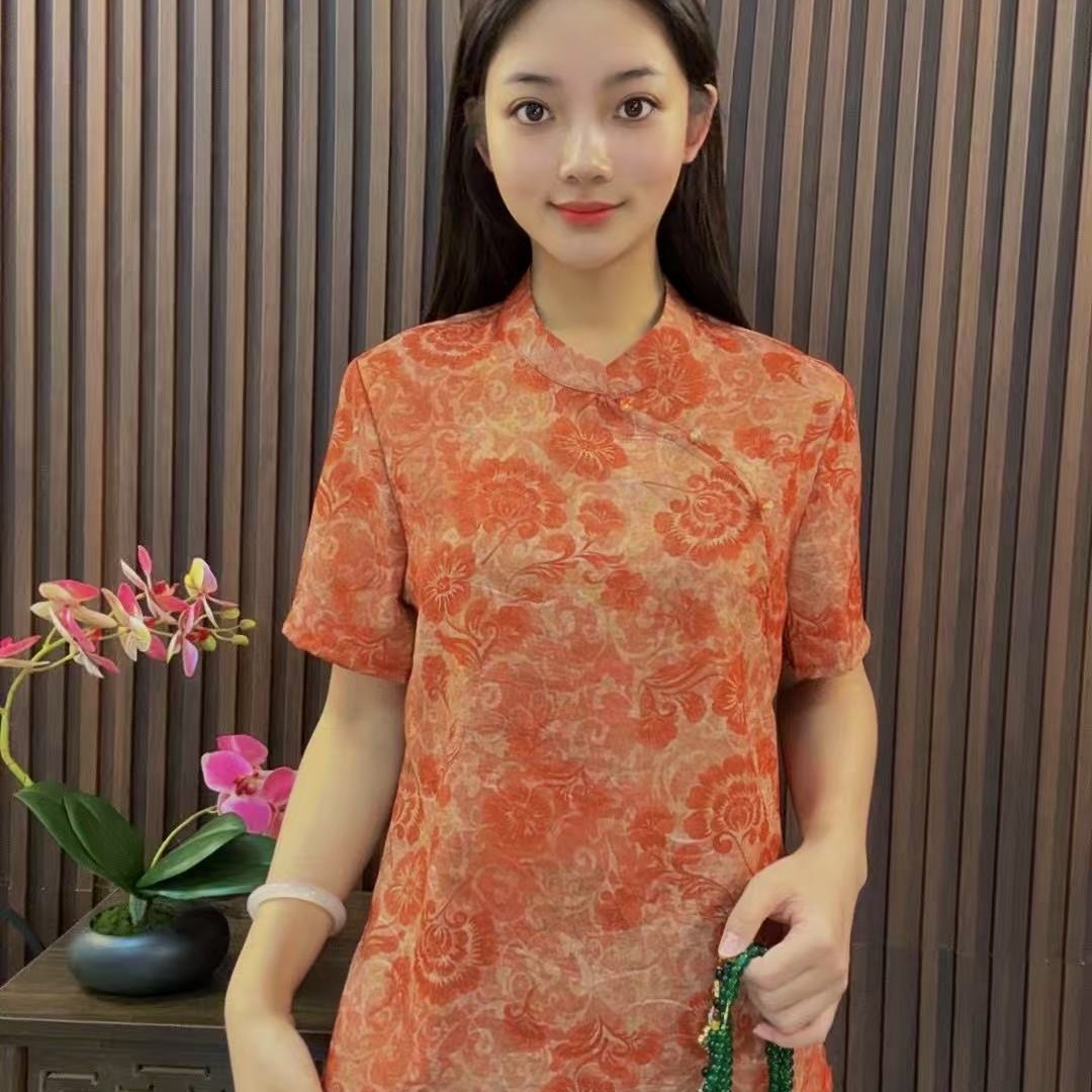 6095新中式短袖洋气夏季上衣 古法香云纱工厂店