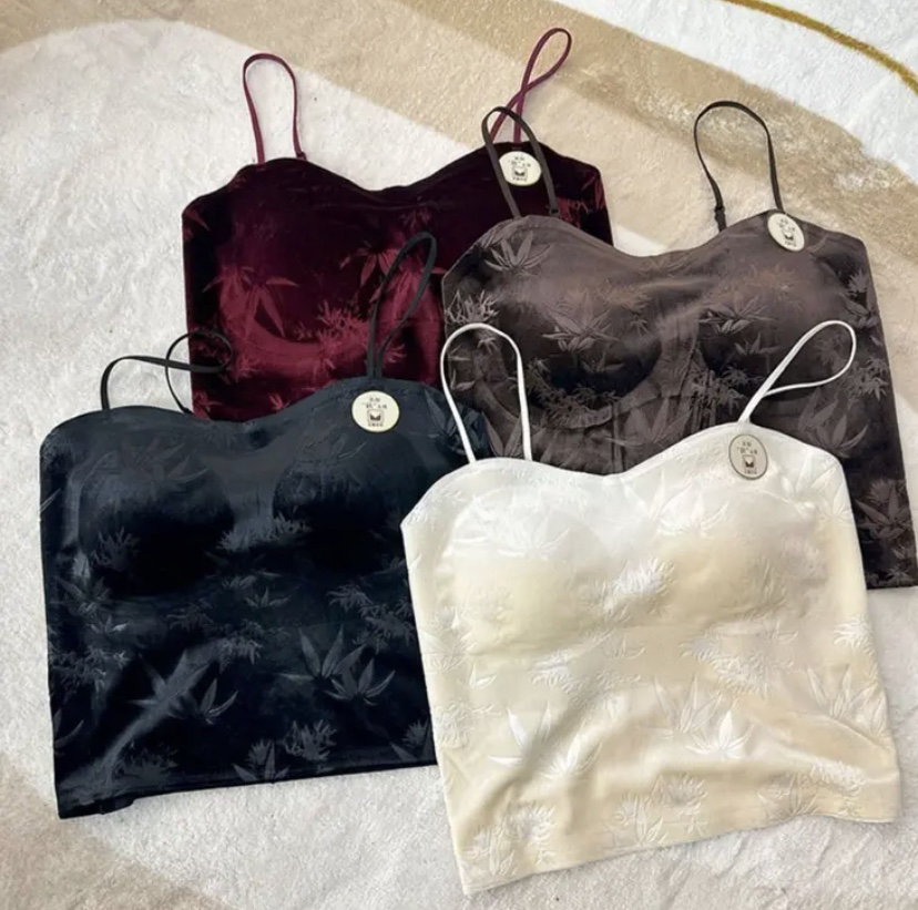 复古金丝绒竹影印花吊带美背设计带胸垫可调肩带打底背心