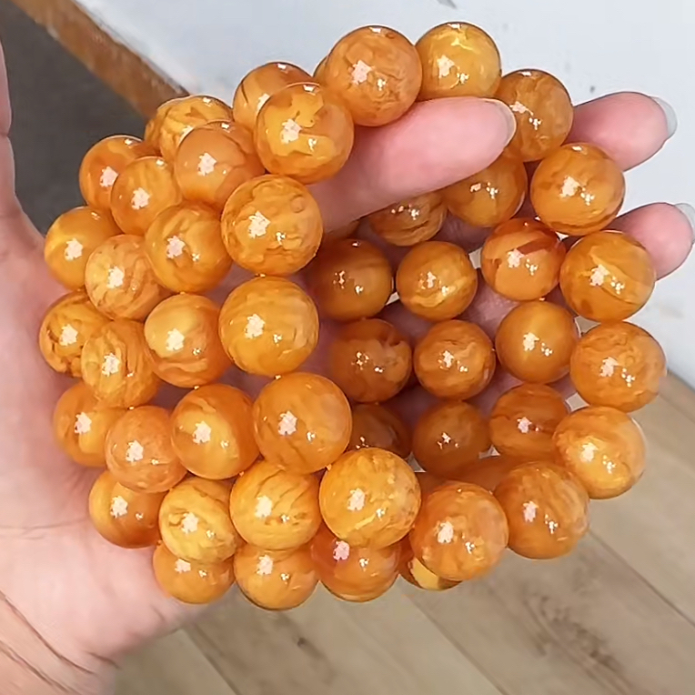 【齐福珠宝】15mm特级虎皮鸡油红妖花蜡圆珠单圈（多样性发其一）