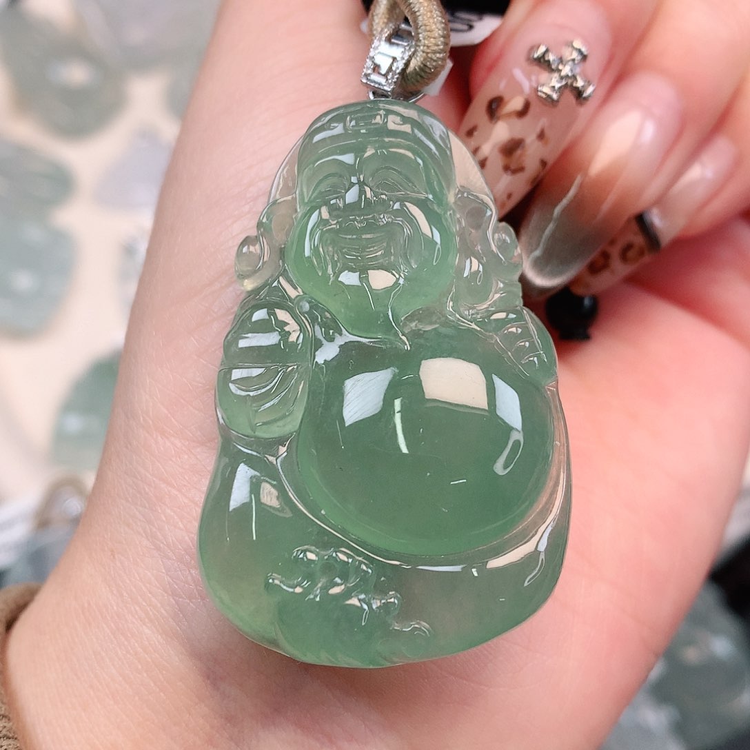 翡翠颈饰18K金镶嵌大绿财神54，46.5、30.5、9.3