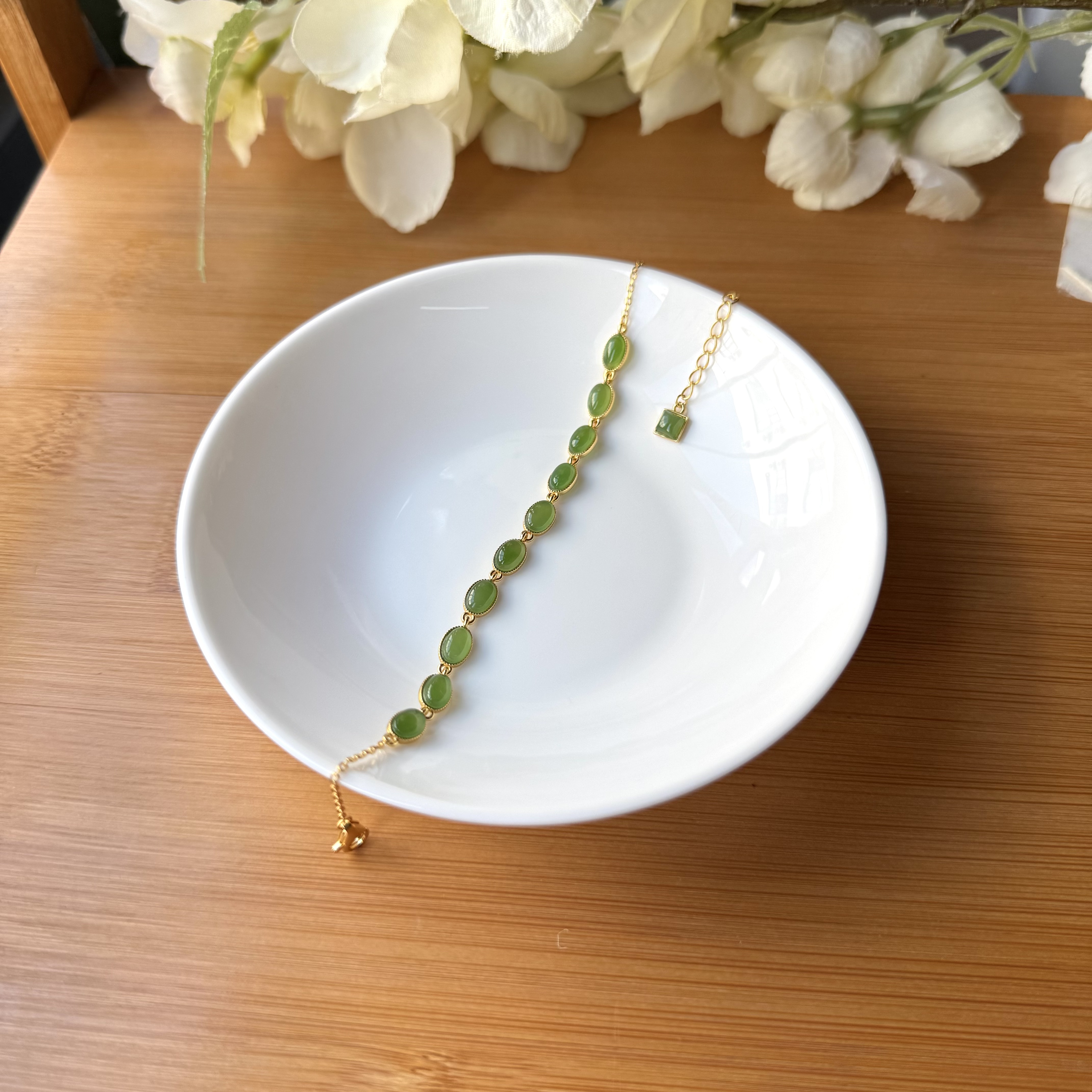 【珠宝厂长】和田玉碧玉蛋面S925银镶手链