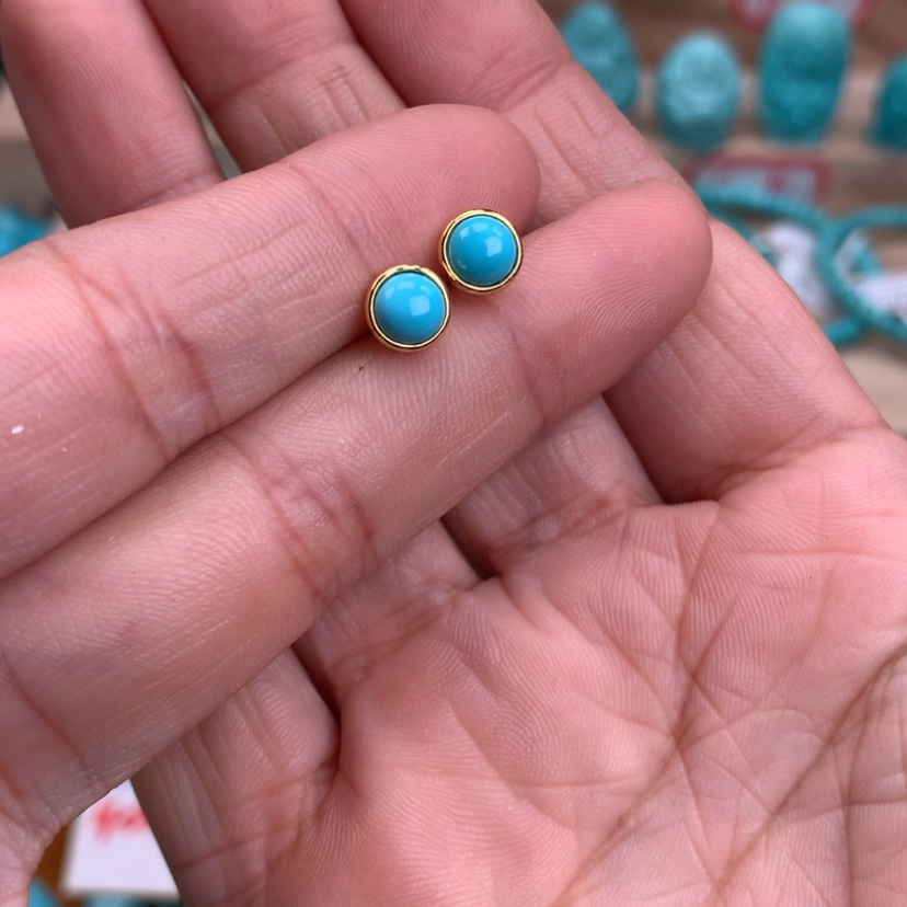 【闪购商品】绿松石耳钉银S925镀金镶嵌七**开
