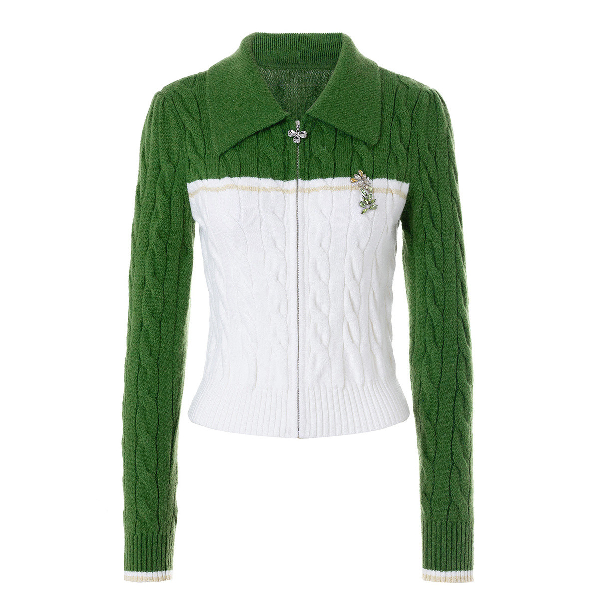 MAXRIENY复古学院风撞色钉钻花秋冬修身长袖针织外套女上衣针织衫