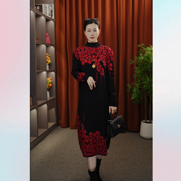秋冬新中式提花保暖长袖宽松韩版气质时尚百搭针织毛衣裙