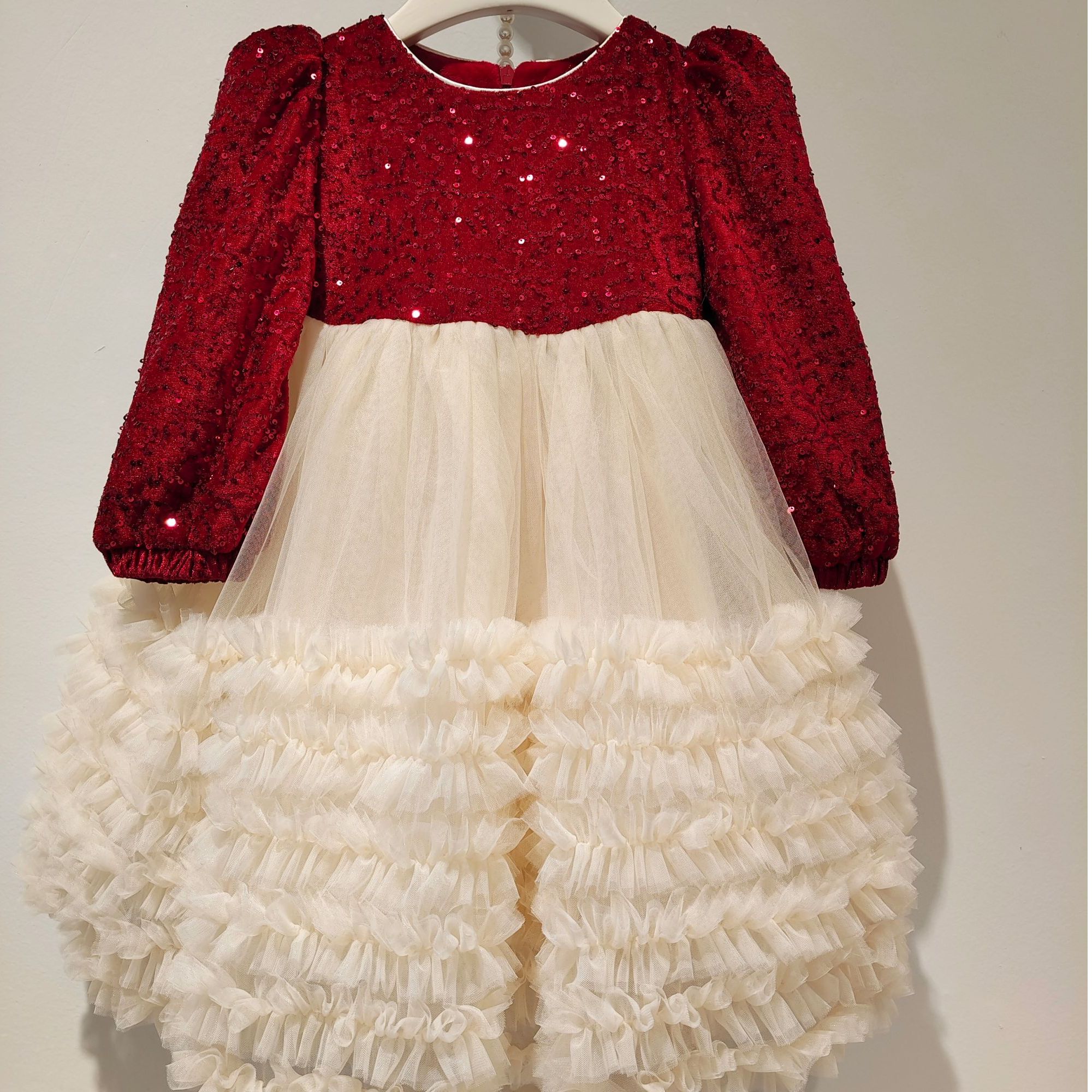 女童加绒冬季新年红连衣裙小女孩周岁生日蝴蝶结拖尾礼服儿童年服