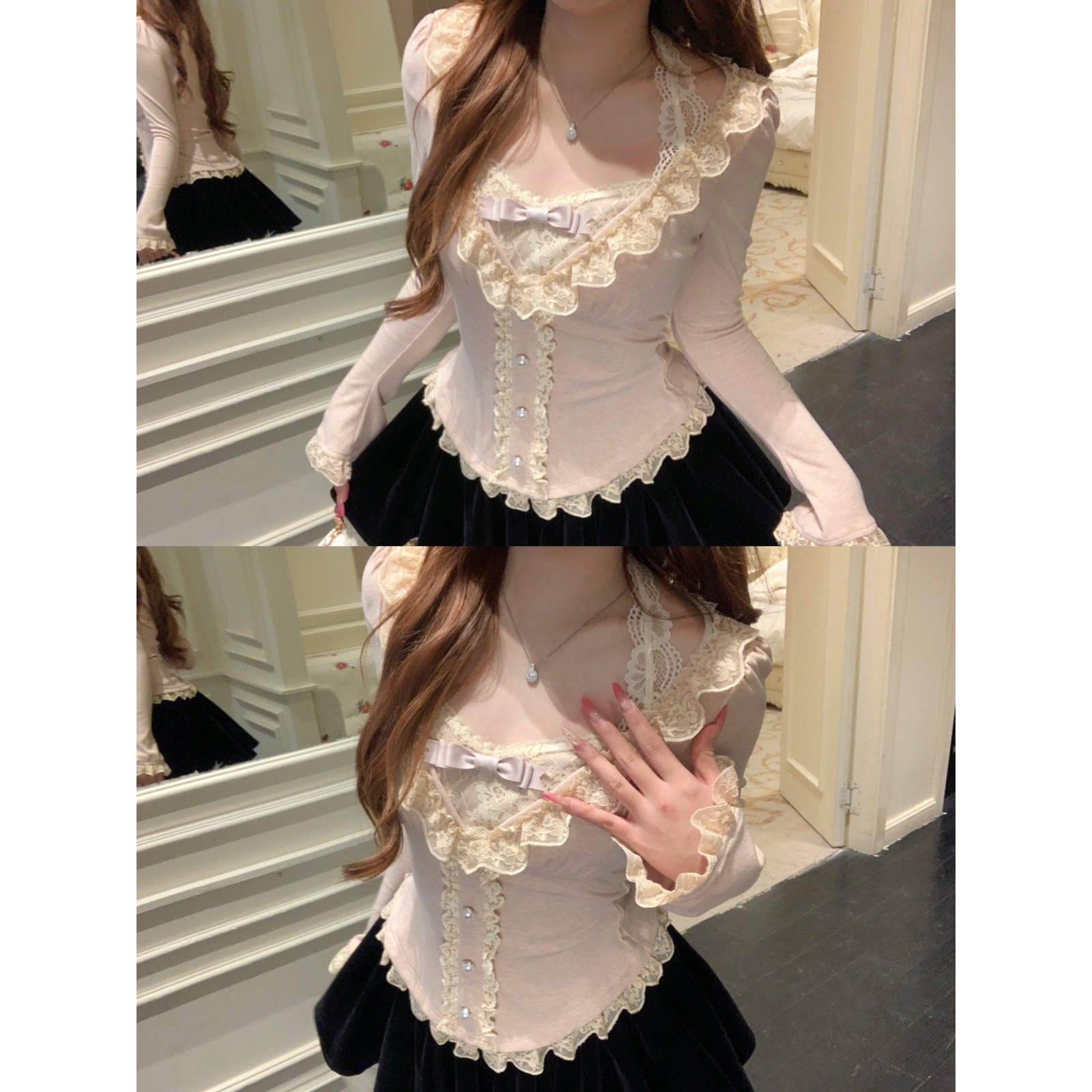 越韩小鱼 古董芭蕾 法式纯欲蕾丝拼接针织上衣收腰蓬蓬半裙套装女