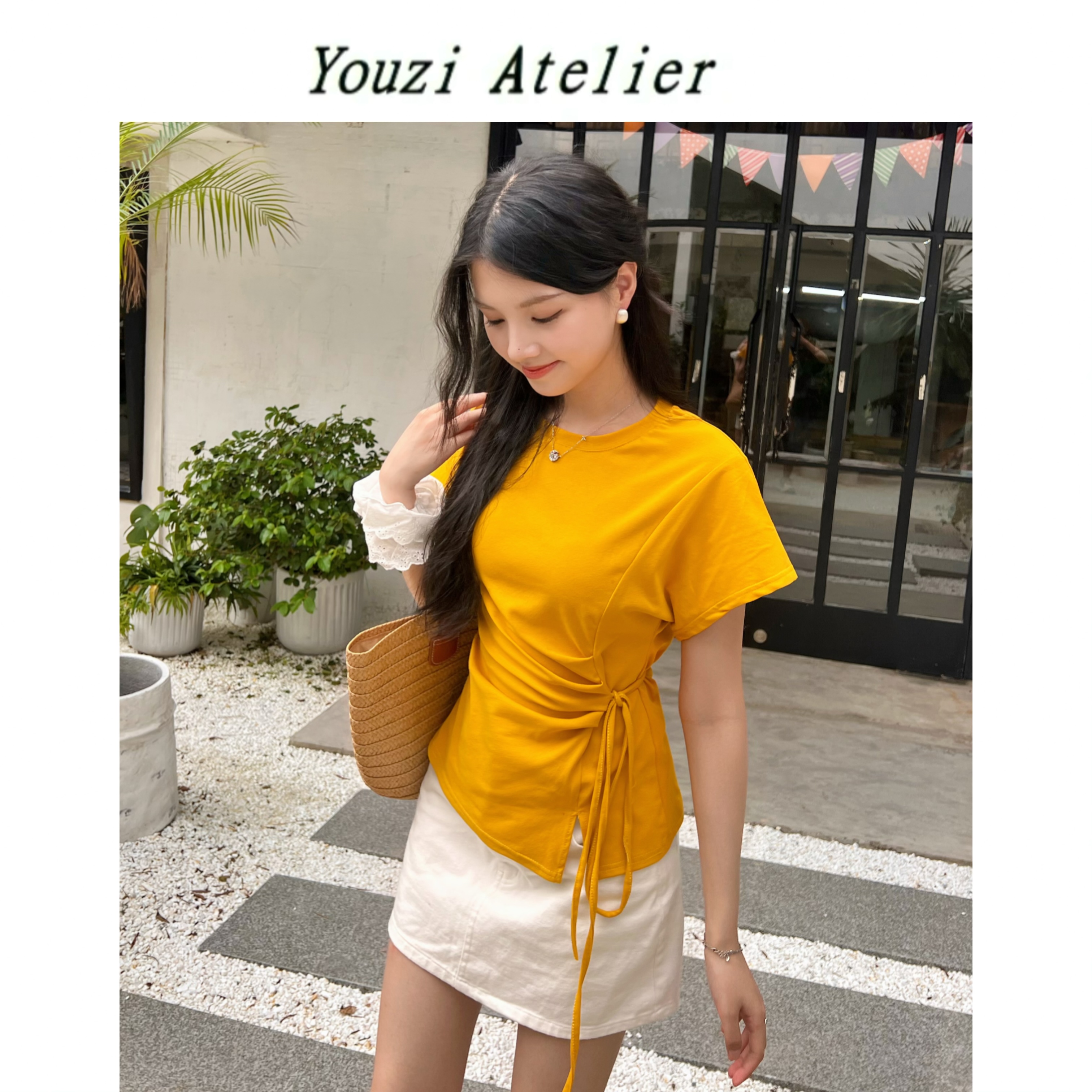 由子衣舍/Youzi Atelier韩式设计款绑腰收腰袖口翻边短袖T恤高腰