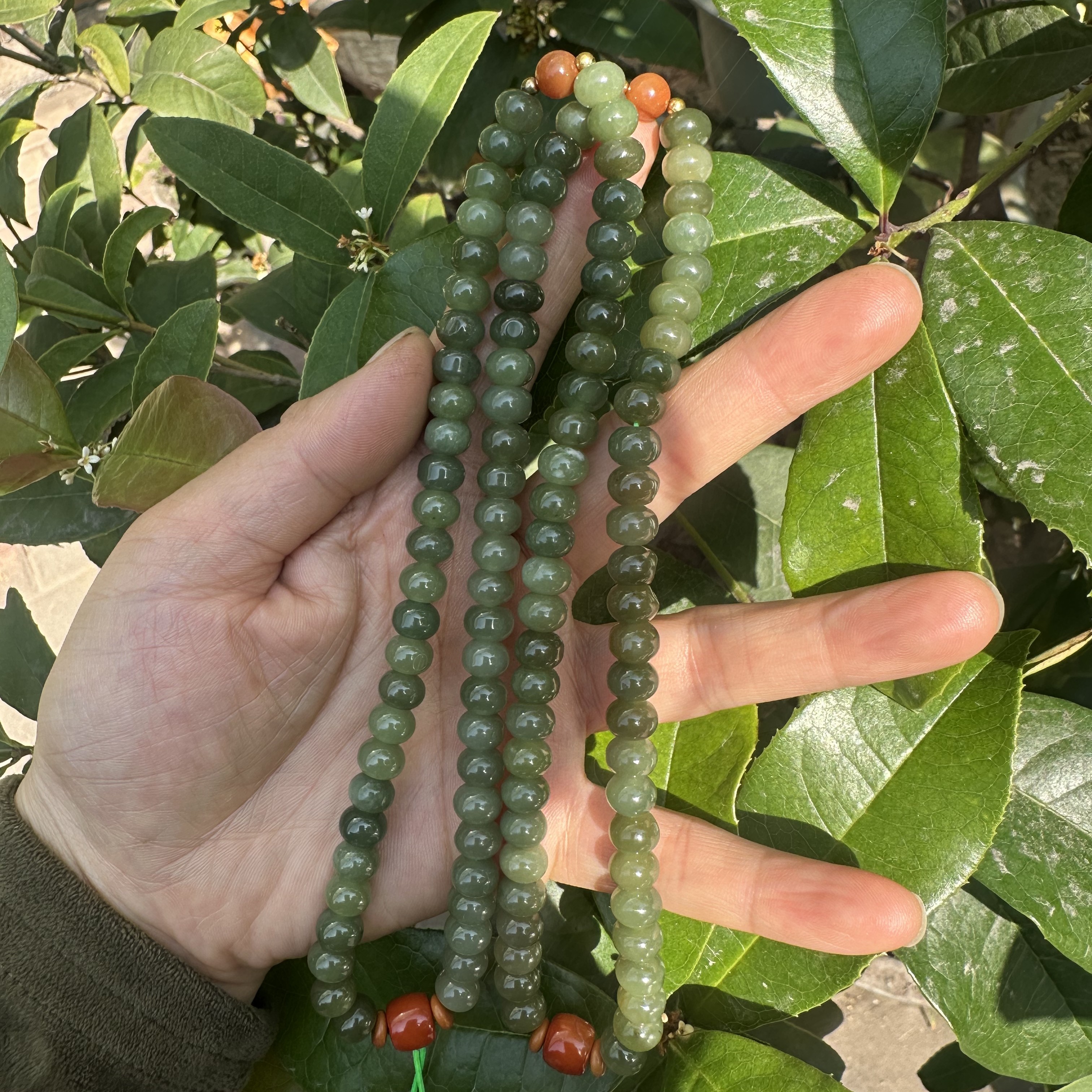 和田玉算盘珠108项链冰绿卡8