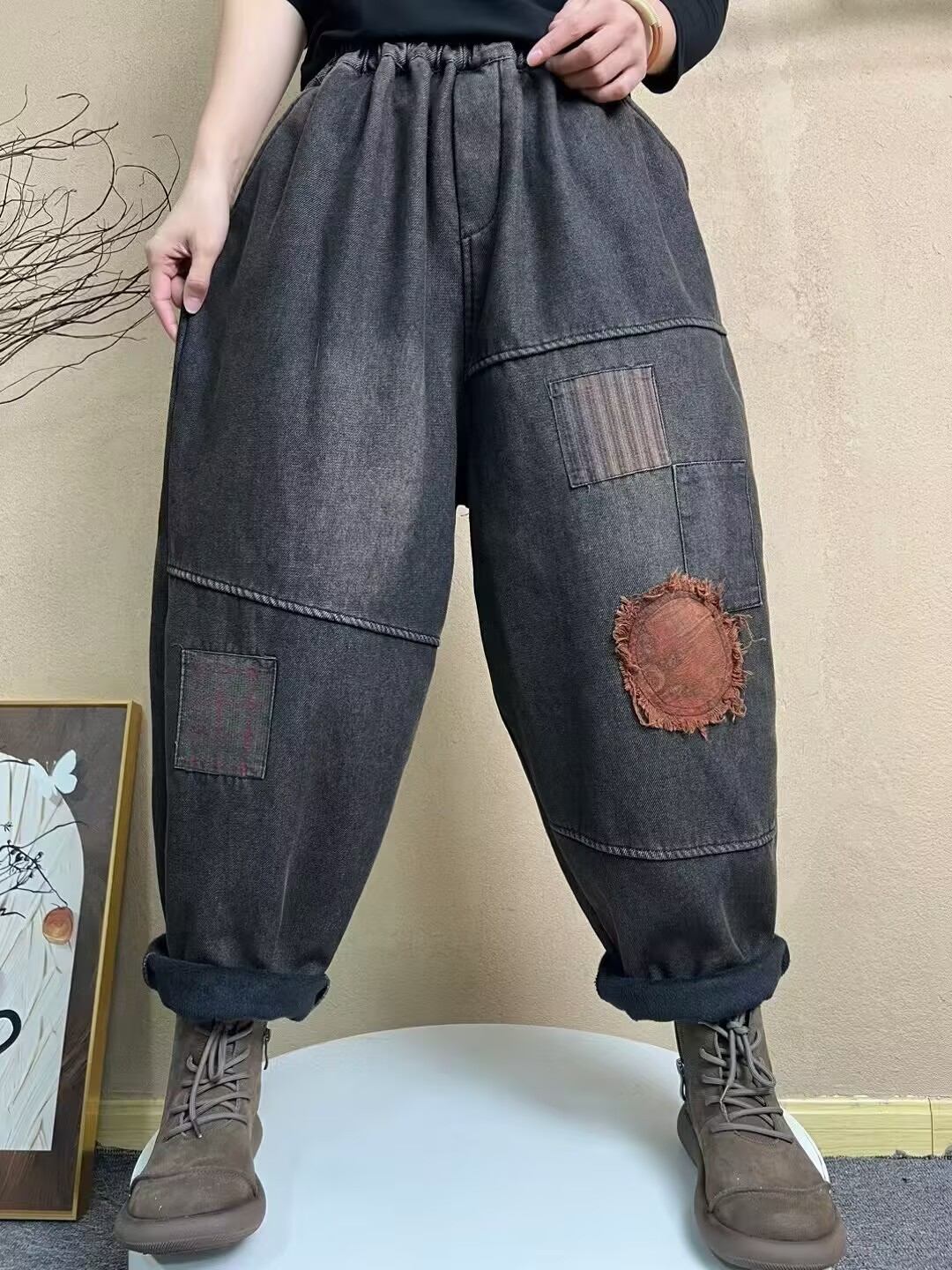 加绒牛仔裤老爹裤女  文艺复古拼接贴布撞色阔腿宽松哈伦裤 