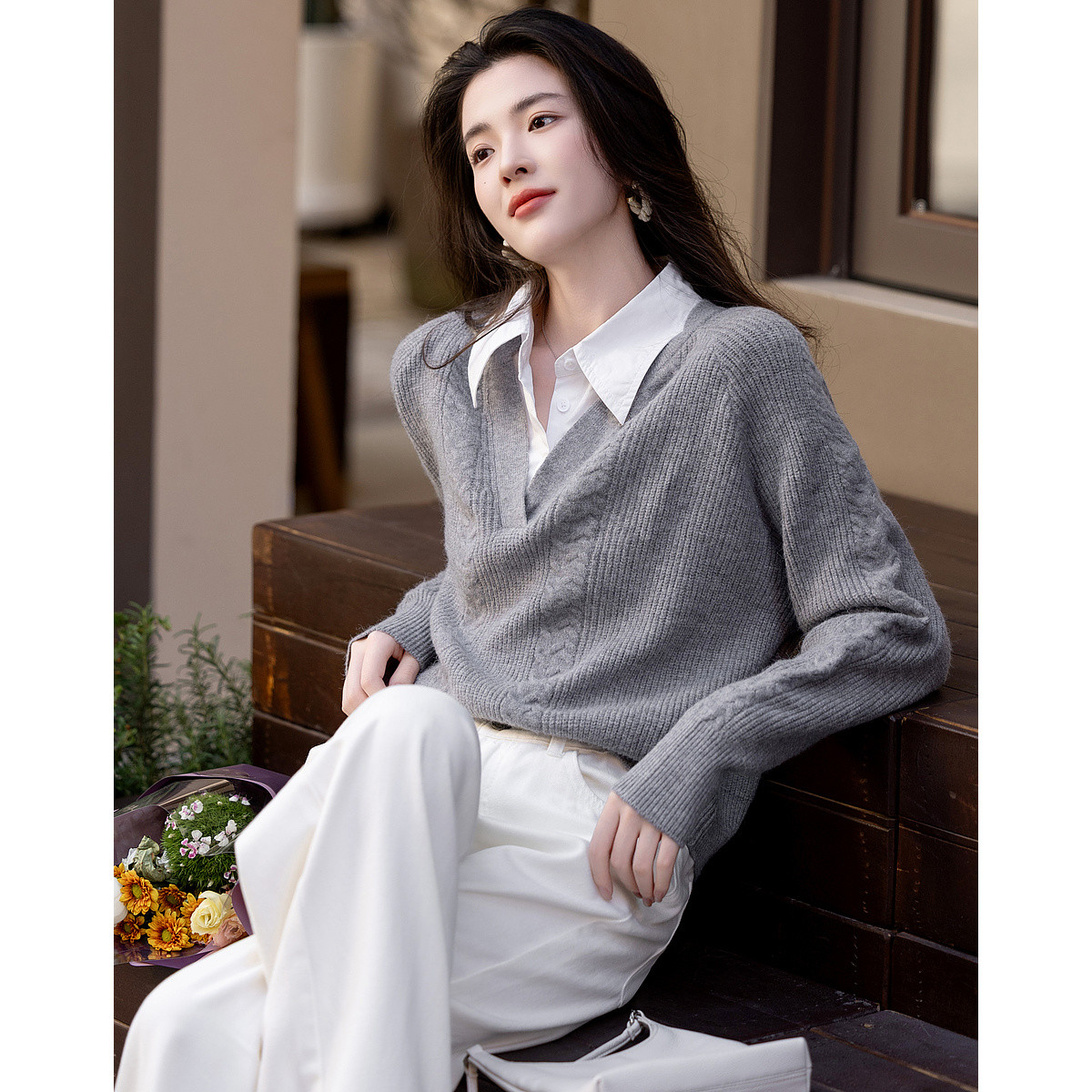 【雪澜专属】德·玛纳云朵线衫秋简约风翻领舒柔纤绒纱拼接针织衫