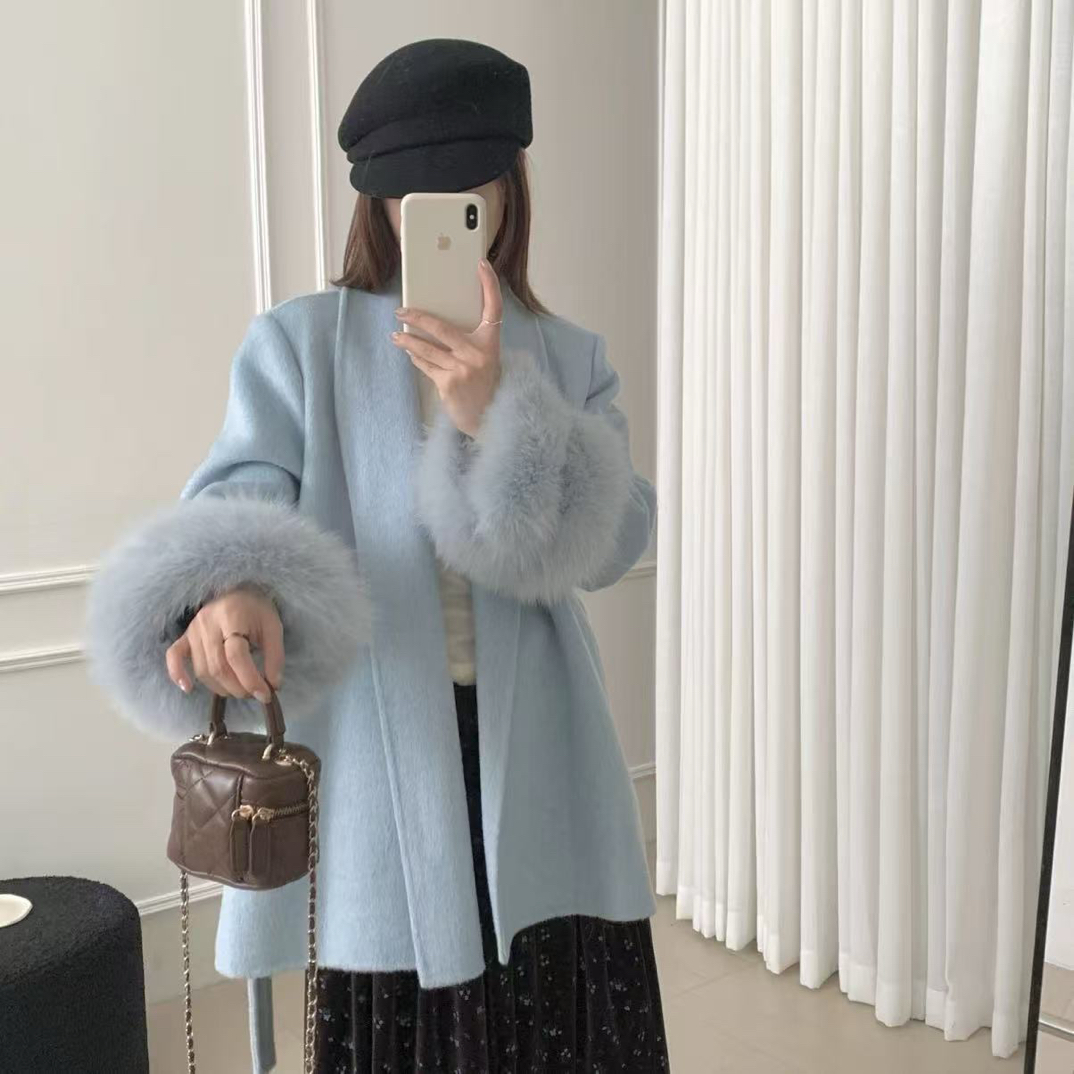 新疆包邮【8536】双面毛呢中长款大衣-衣长75cm