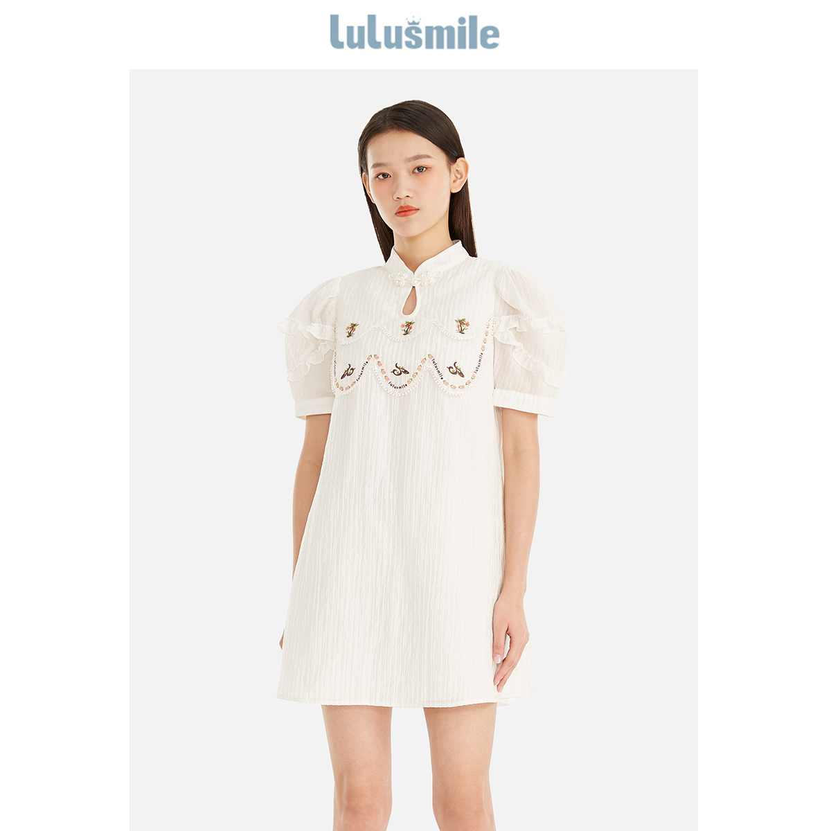 lulusle秋季时尚休闲新中式立领镂空短袖连衣裙DOA5012