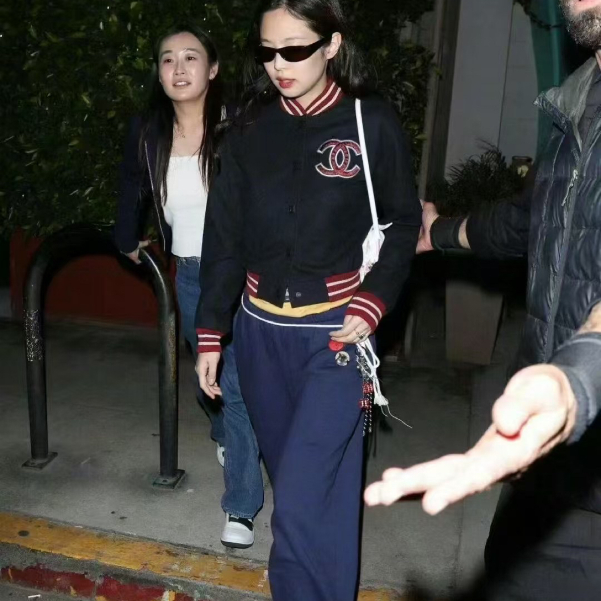 珍妮同款韩系小标刺绣绑带休闲裤女拼接松紧腰直筒运动裤美式卫裤