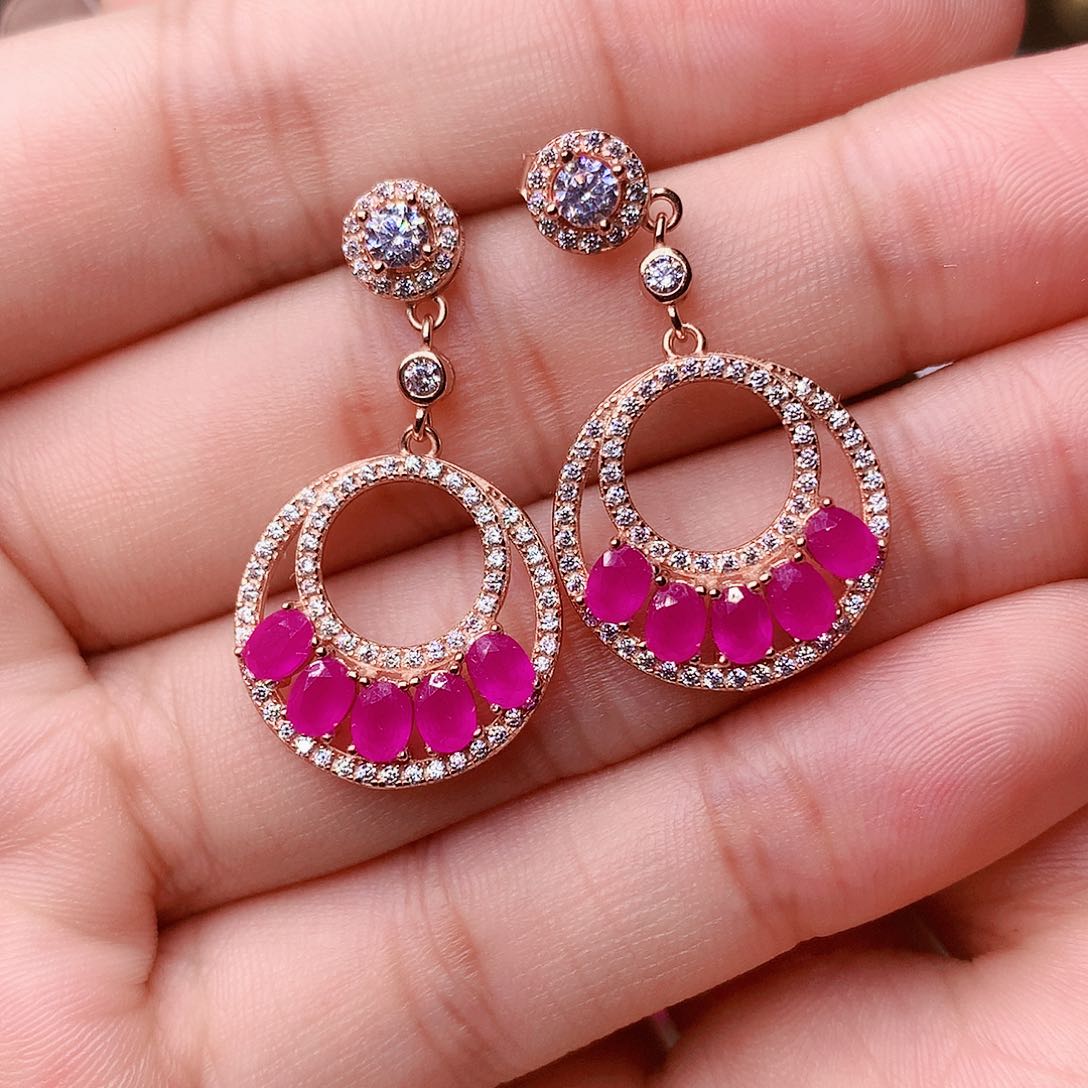 红宝石耳饰银S925镶嵌