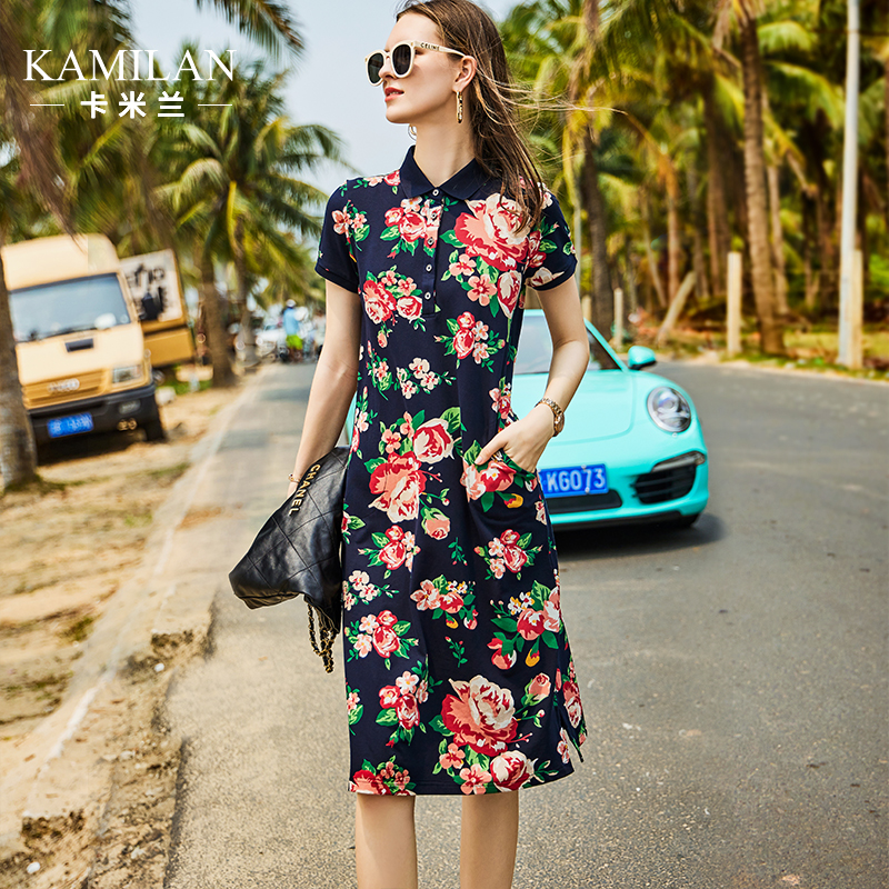 卡米兰洋气polp领短袖印花连衣裙女2024夏季新款中长款休闲A字裙