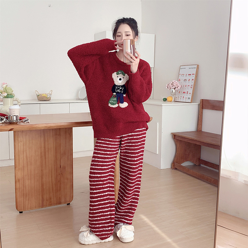 冬季卡通小熊休闲家居服套装女宽松加绒加厚半边绒保暖睡衣可外穿