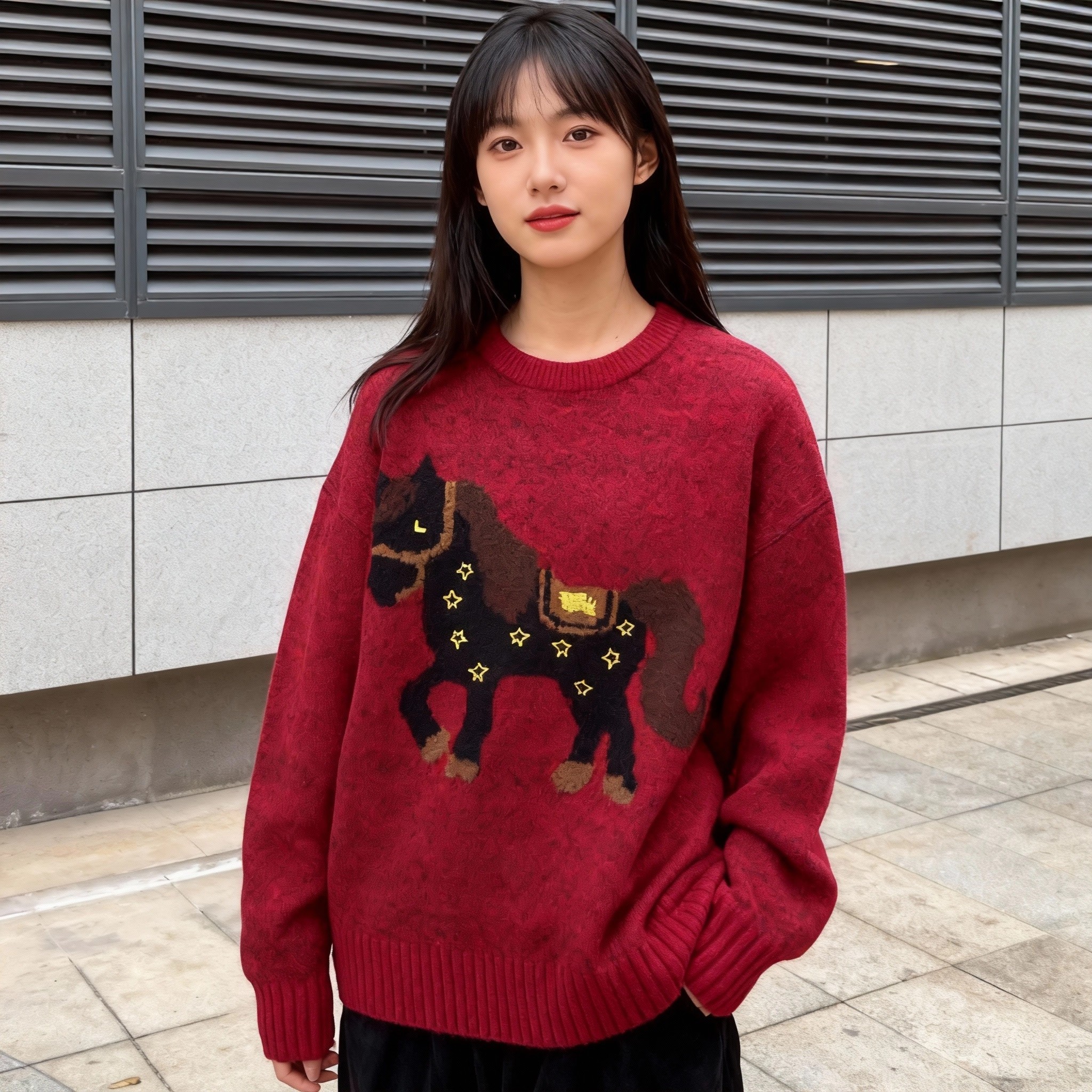 红色跨年小马毛衣女2026新款冬季加厚高级感宽松慵懒毛绒绒针织衫