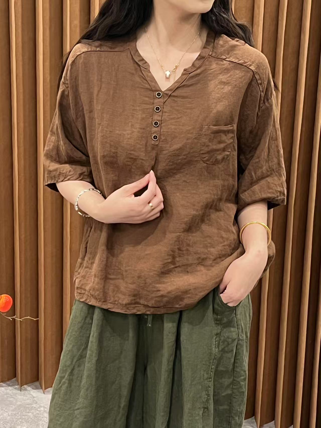 WFF-夏季新品纯色亚麻套头小衫女百搭洋气显瘦不挑人小V领8822