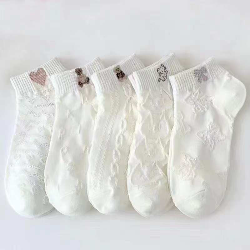 【2.01福利！5双】百搭小熊袜子5双卡通熊短袜白色短袜夏季时尚袜子
