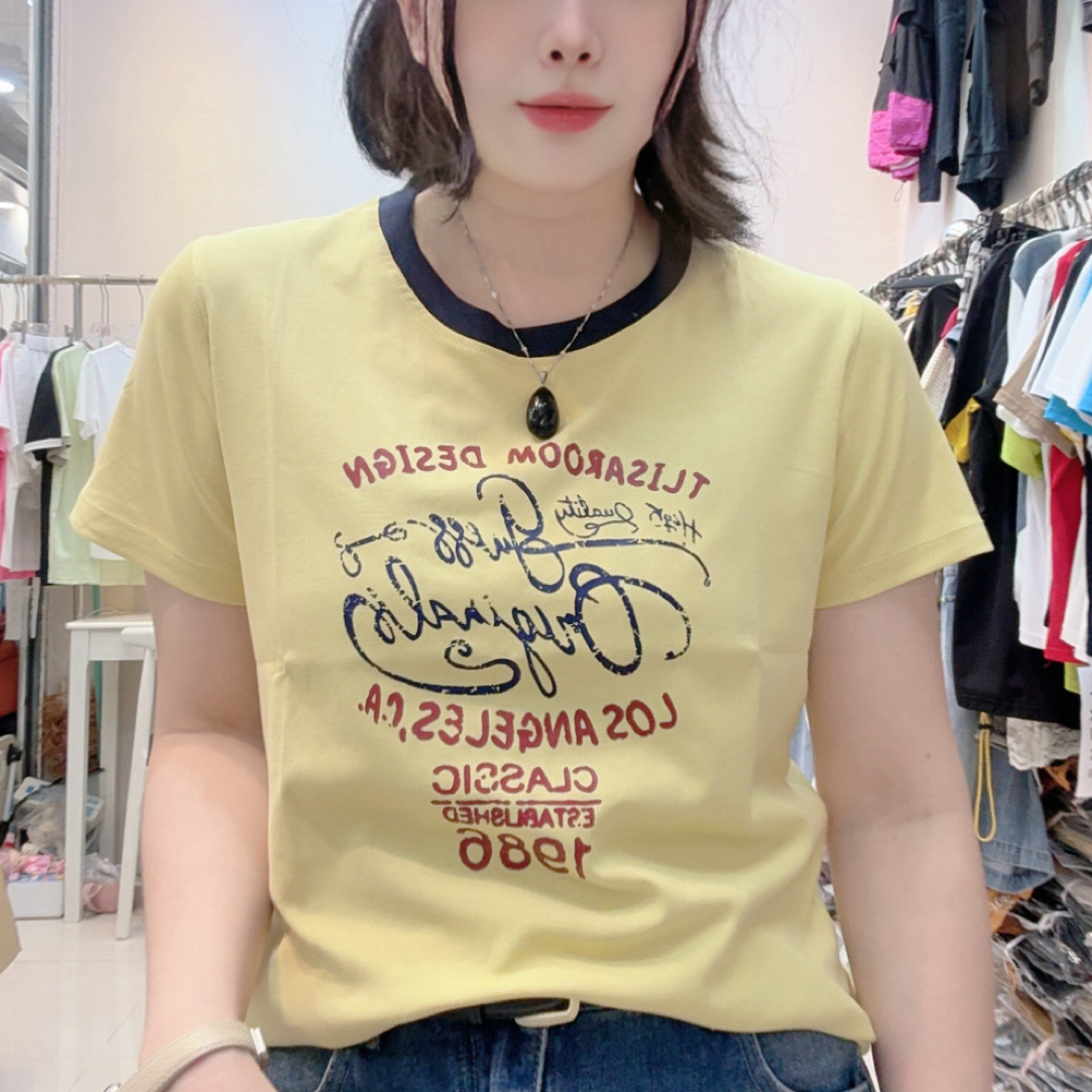 罗纹棉上衣新款圆领正肩弹力显瘦百搭减龄休闲风女t