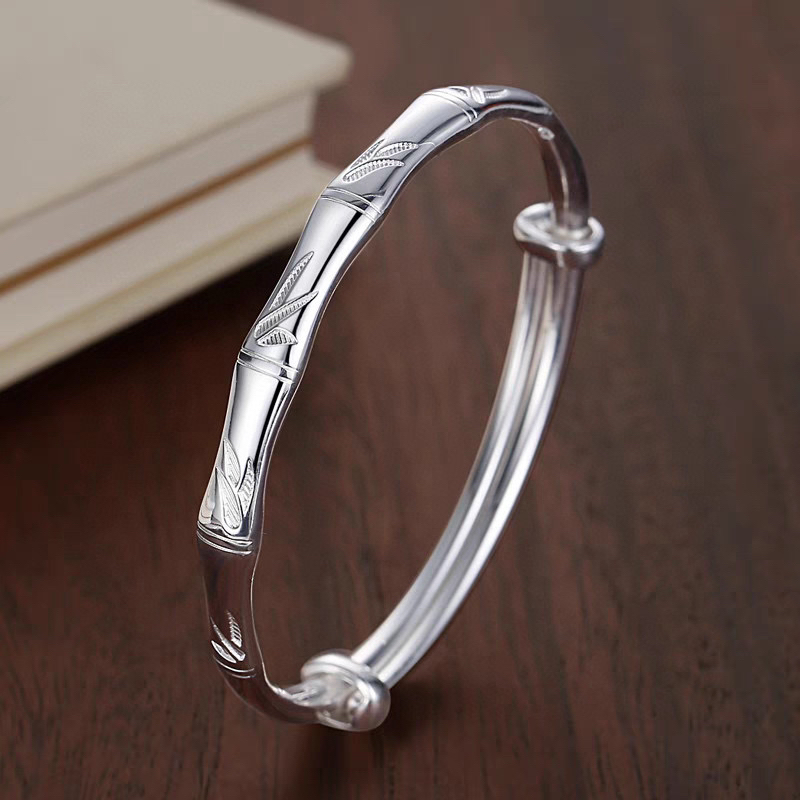 足银手镯 银大福足银999.9竹节手镯纯银扁款实心推拉竹叶镯子