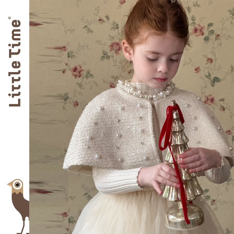 littletime女童连衣裙2025秋冬富家千金风小香风珍珠斗篷收腰裙