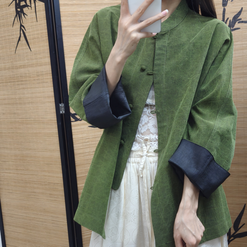 满分桑蚕丝彩龟宽松纽扣纯色开衫立领双面双穿双压线套装