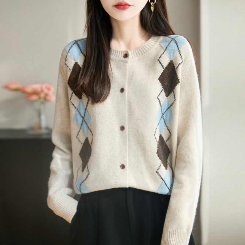 【雅歌专属】女毛针织衫英伦风羊毛菱形格开衫秋季毛衣复古长袖