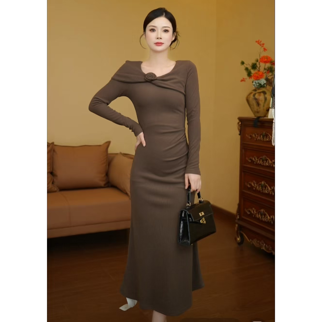 【利姐专属】秋冬新款胖mm礼服裙法式高级感长袖连衣裙D4239