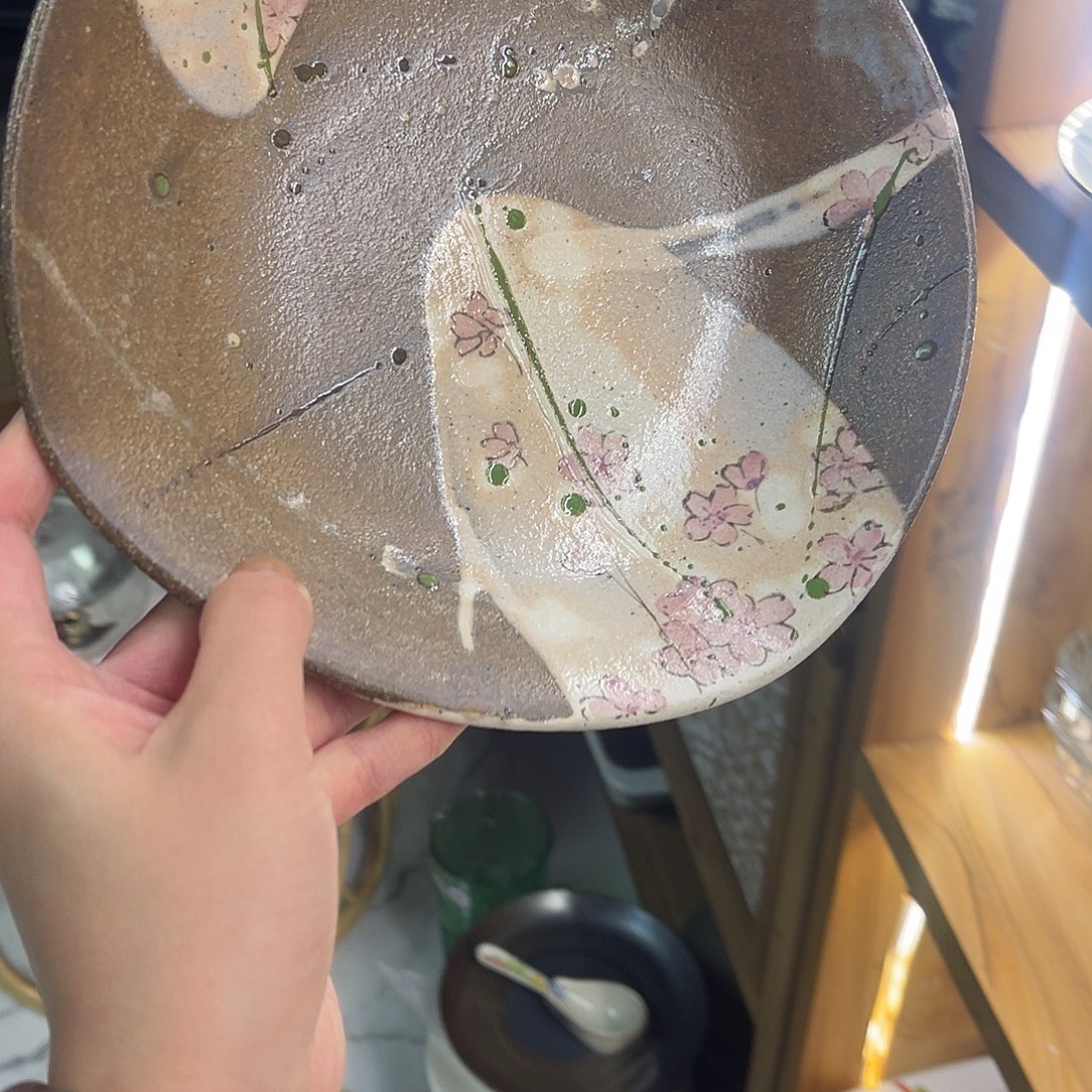 流***雨瓷片樱花粗陶粉引钵子