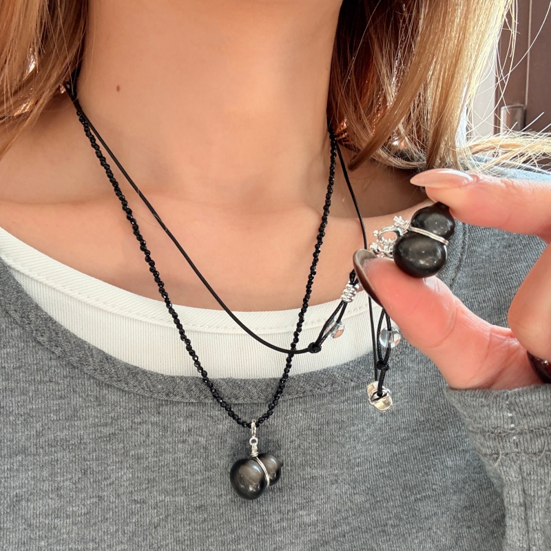 【福禄】原创天然银曜石葫芦吊坠复古项链毛衣链情侣挂坠可调节