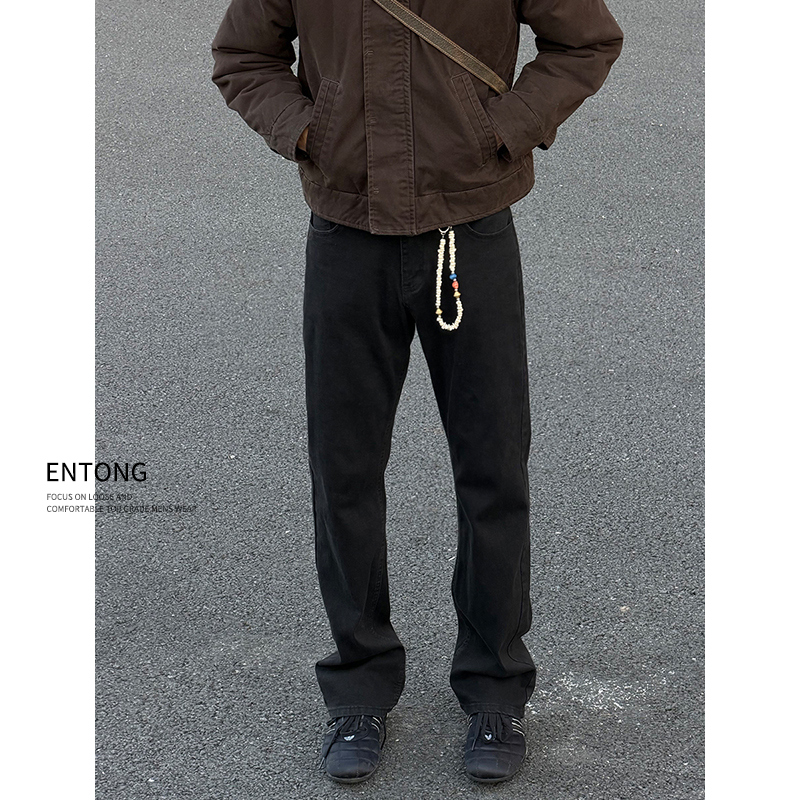 Entong秋冬加绒美式高街vibe黑色牛仔裤男生cleanfit弹力休闲裤子
