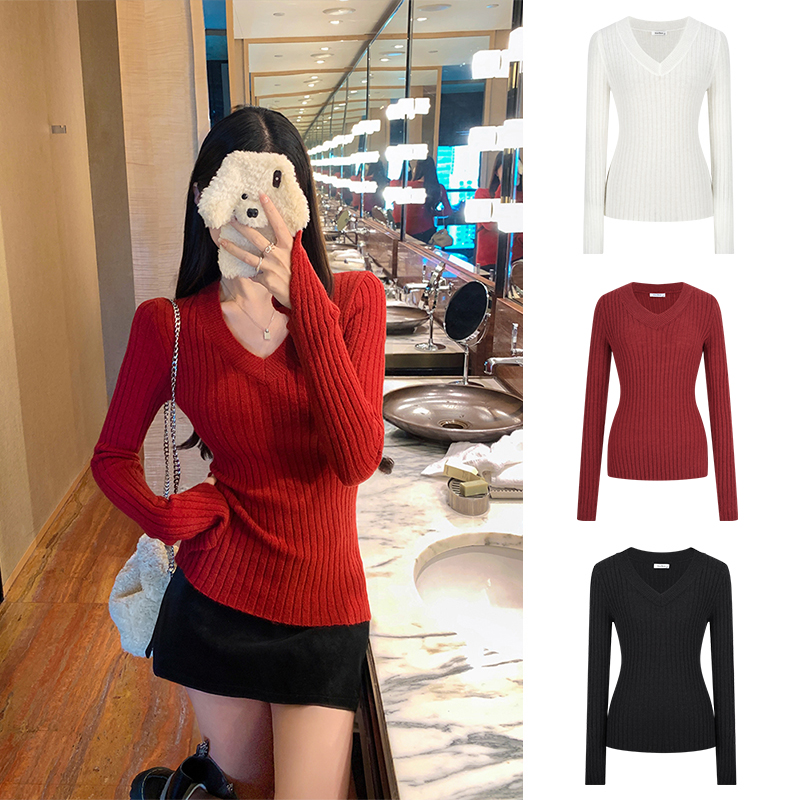 Moses Queen/魔西女王显白红色V领坑条针织衫收腰显瘦长袖毛衣女