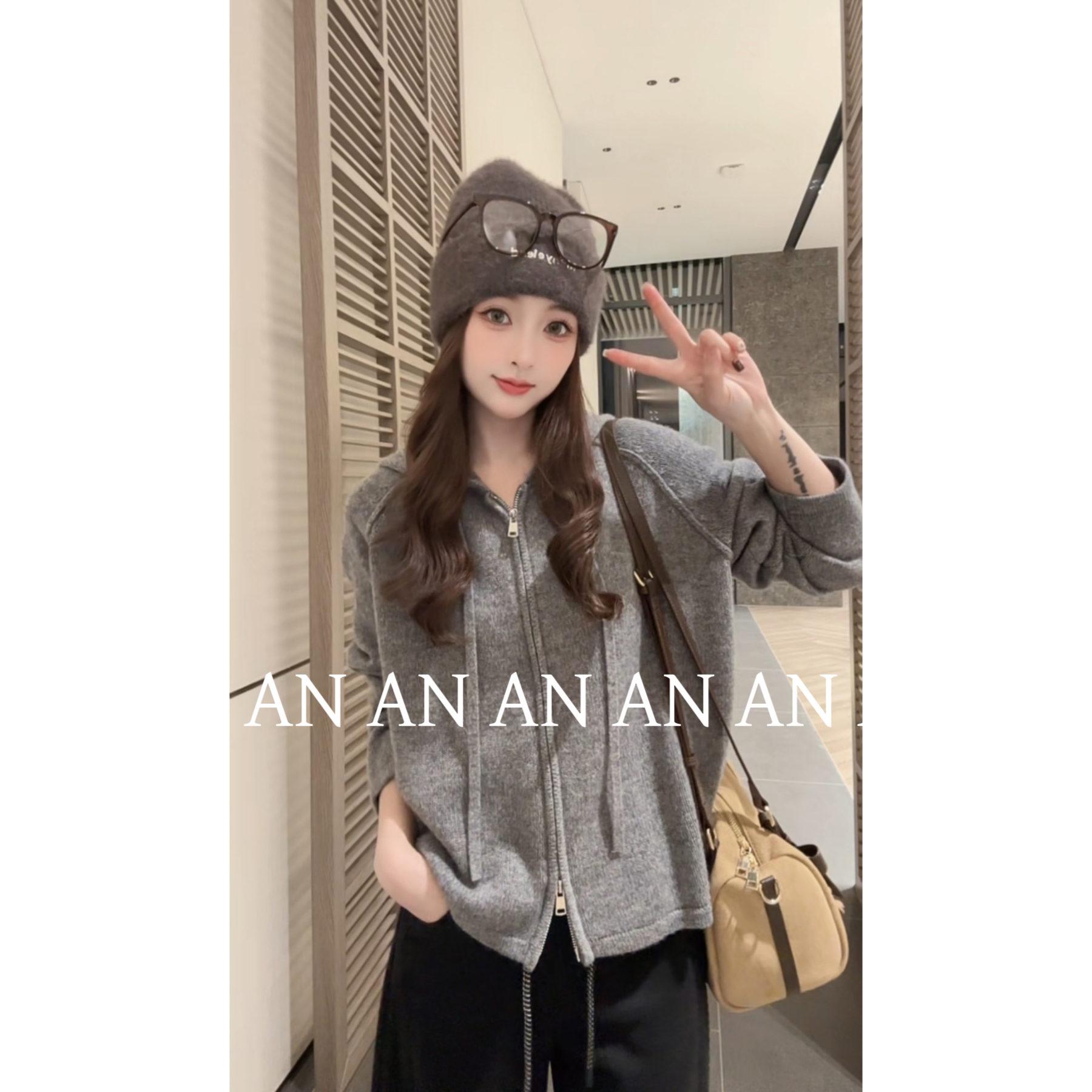 C10473韩系宽松小个子慵懒风休闲纯色拉链连帽毛衣外套