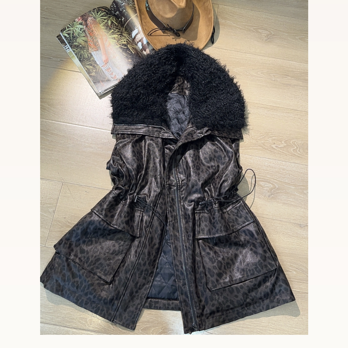 原创设计美式复古蛋白皮潮牌小众收腰豹纹棉马甲