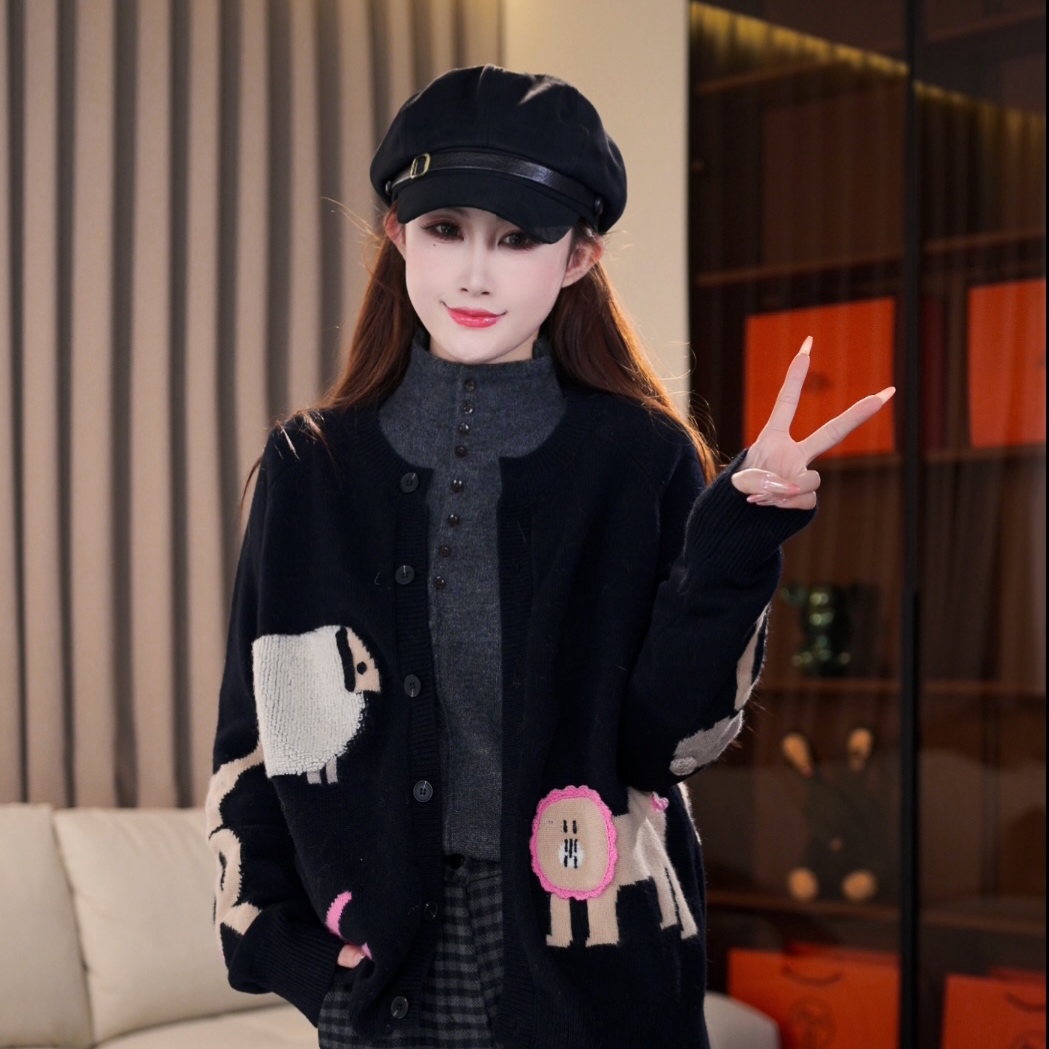 【HUO HUO】动物世界绣花针织衫开衫显瘦长袖毛衣外套J08