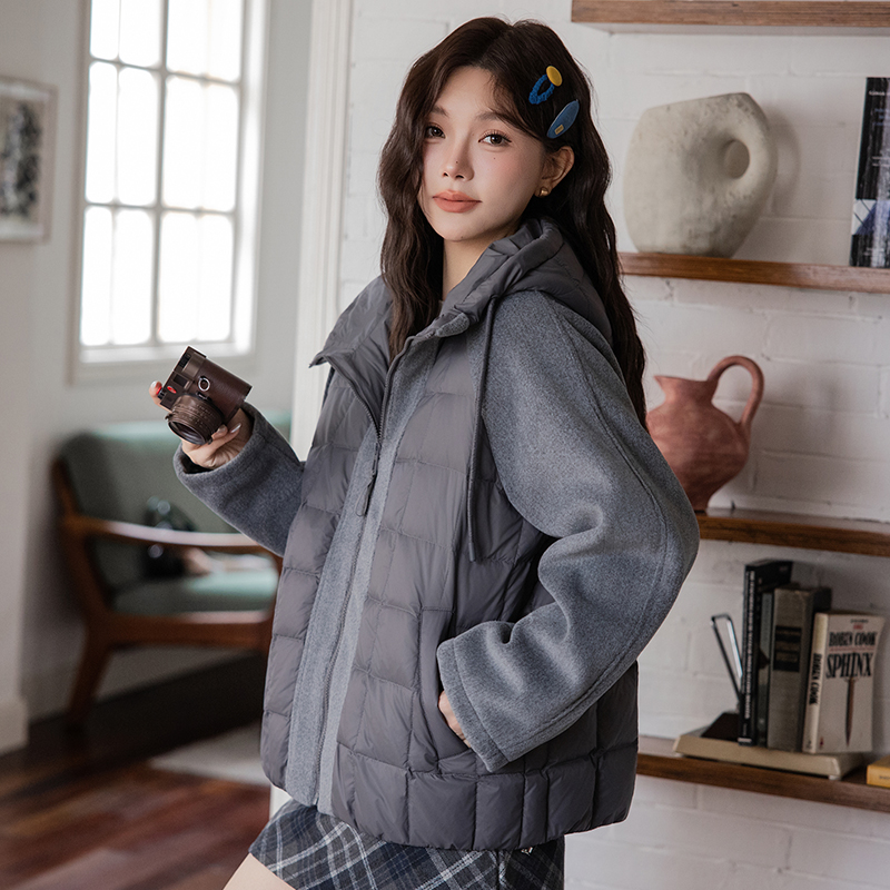 2025卫衣羽绒拼接加肥加大码胖mm200斤90白鸭绒羽绒服休闲秋冬款