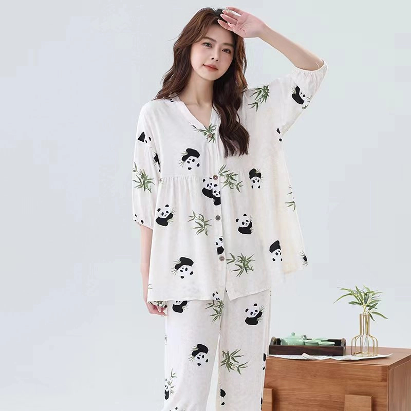 【套装】2025夏季新款棉绸空调服女士大码韩版长裤短袖两件套家居服