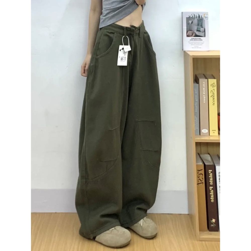 美式军绿色工装弯刀牛仔裤女夏季设计感宽松直筒阔腿香蕉镰刀裤子