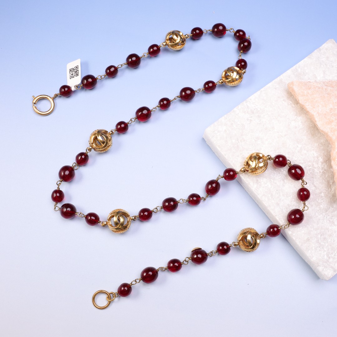 95新 Chanel/香奈儿 香奈儿红琉璃金球项链nw601001