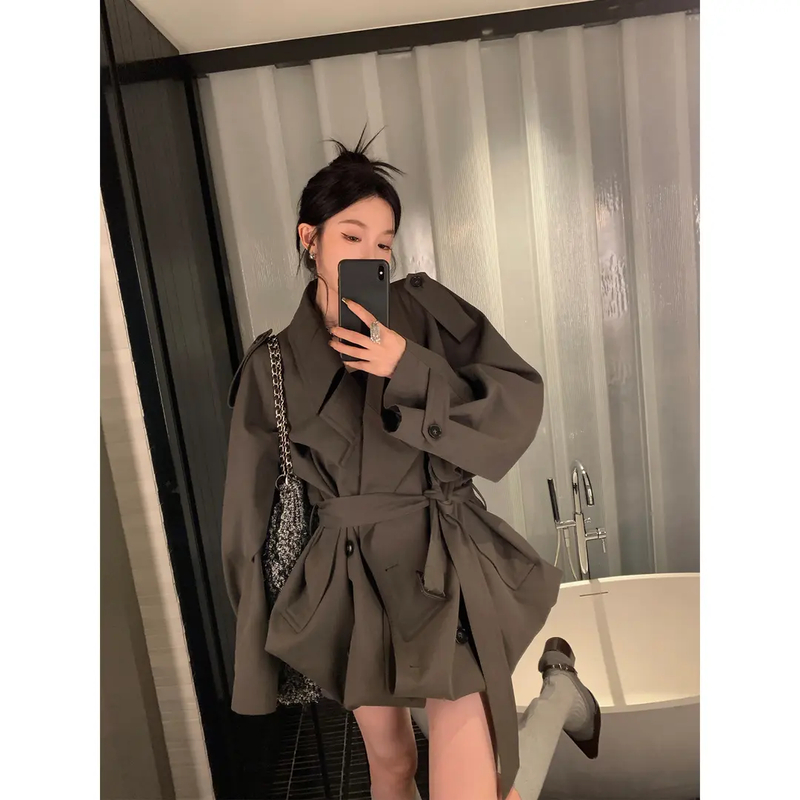 系带风衣外套女春季新款小个子复古休闲中长款高级感大衣25033