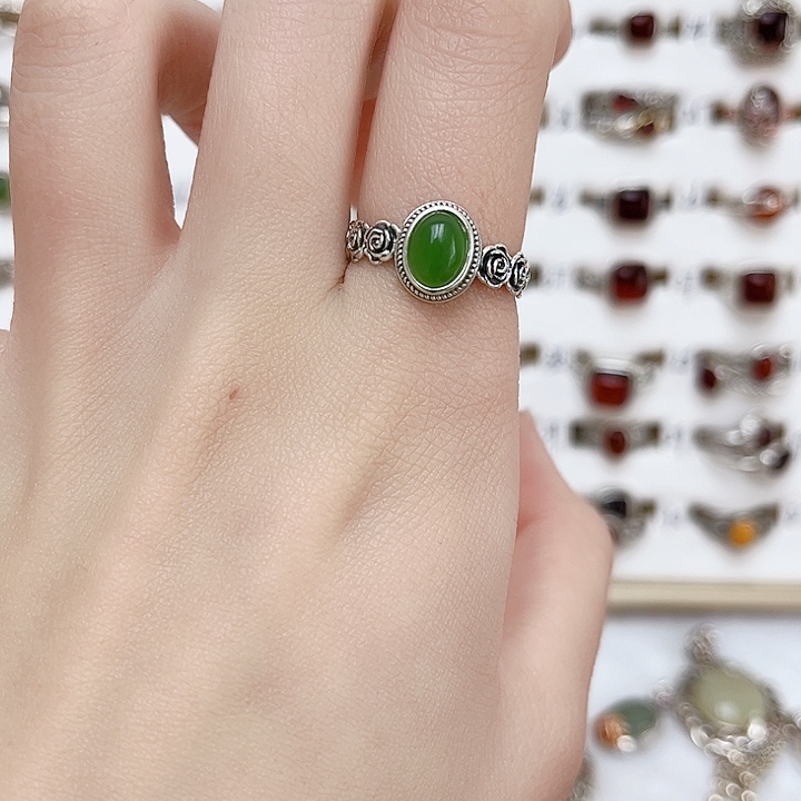 和田玉戒指银S925镶嵌天然