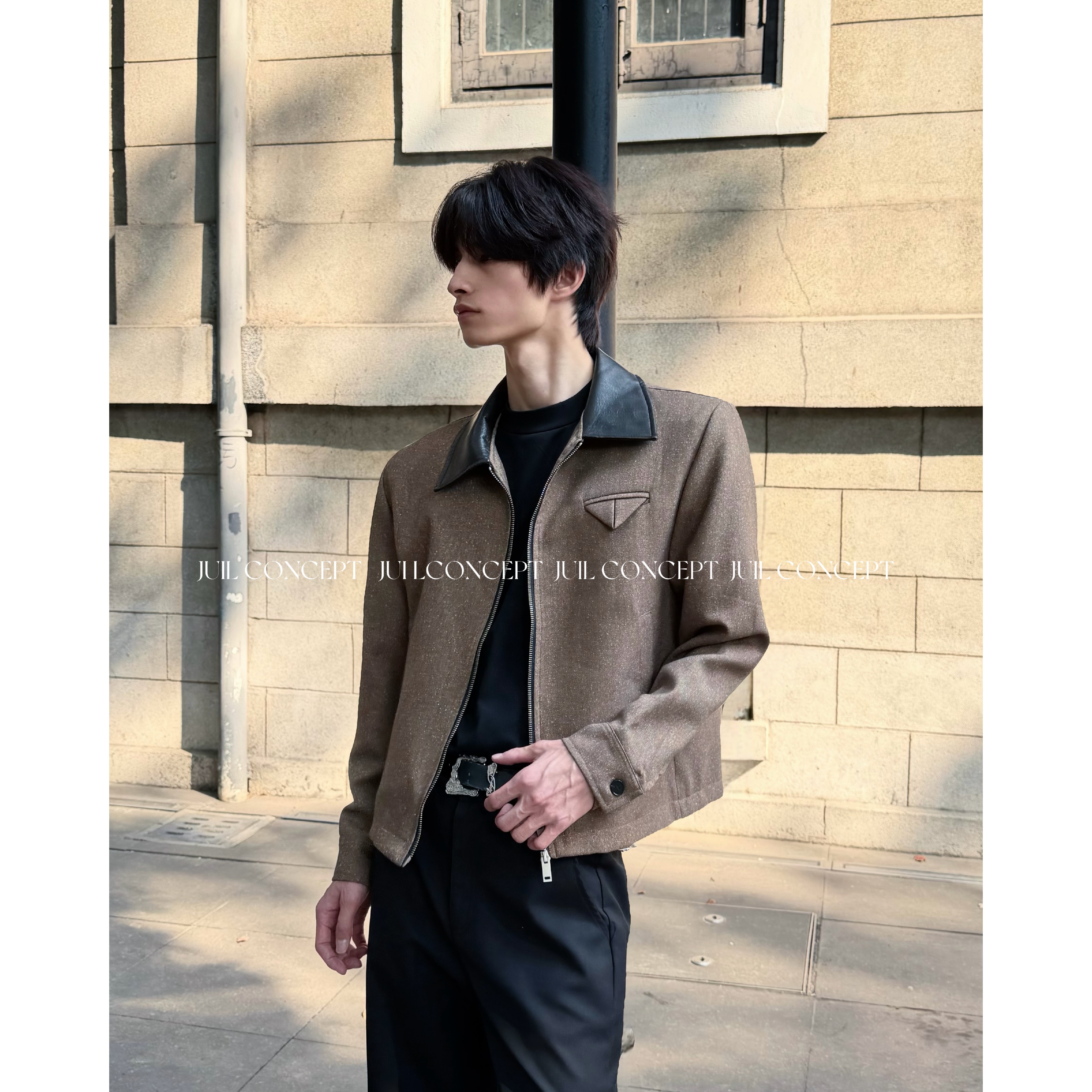 JIU.L 老钱风复古pu拼接翻领拉链夹克外套轻奢设计感高级秋上衣