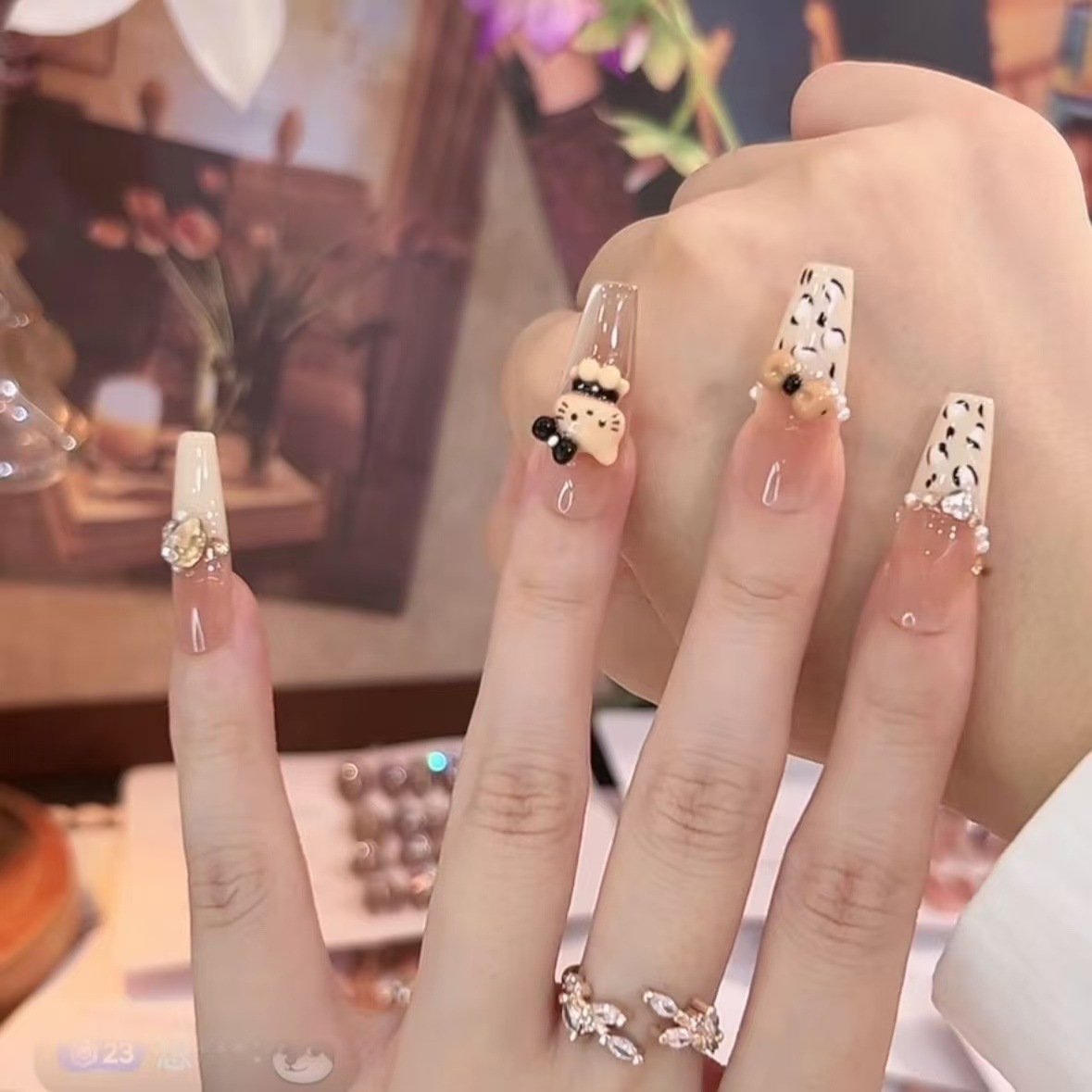 【奇迹猫】纯手工光疗穿戴甲猫眼豹纹kitty可爱气质美甲贴片可拆卸