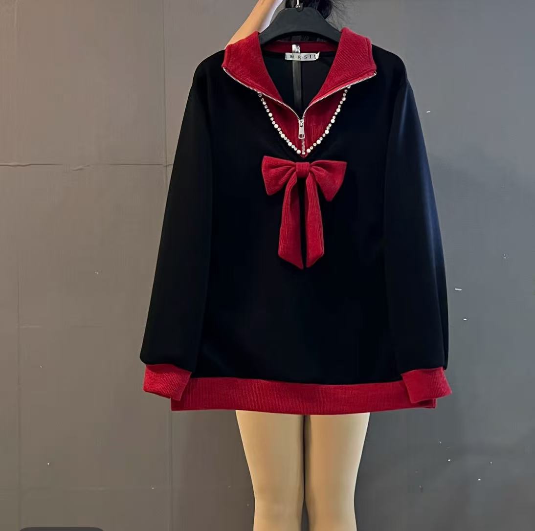 大码显瘦2025新款时尚翻领拉链蝴蝶结宽松遮肚显瘦洋气上衣